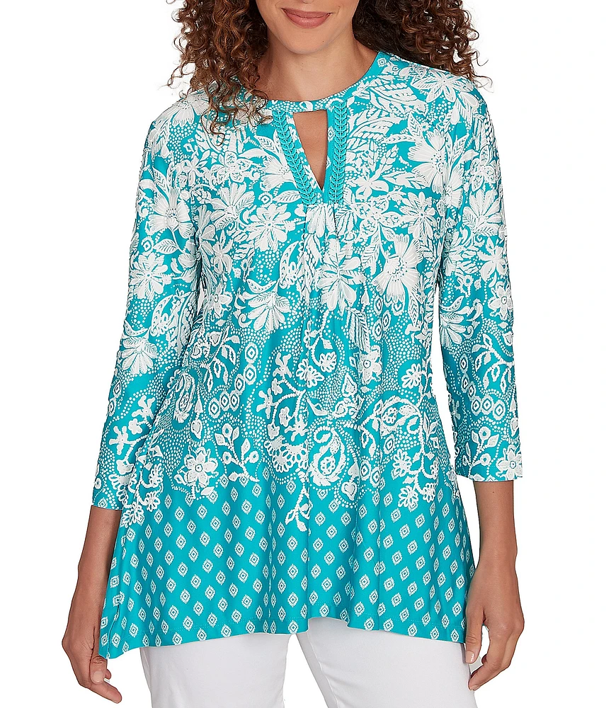 Ruby Rd. Knit Floral Border Print Keyhole Neck 3/4 Sleeve Top