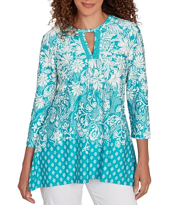 Ruby Rd. Knit Floral Border Print Keyhole Neck 3/4 Sleeve Top