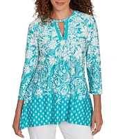 Ruby Rd. Knit Floral Border Print Keyhole Neck 3/4 Sleeve Top