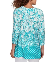 Ruby Rd. Knit Floral Border Print Keyhole Neck 3/4 Sleeve Top
