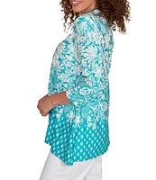 Ruby Rd. Knit Floral Border Print Keyhole Neck 3/4 Sleeve Top
