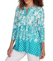 Ruby Rd. Knit Floral Border Print Keyhole Neck 3/4 Sleeve Top
