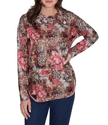 Ruby Rd. Knit Floral Plaid Cowl Neck Long Sleeve Top