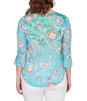 Ruby Rd. Knit Floral Print Crew Neck 3/4 Sleeve Top