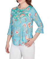 Ruby Rd. Knit Floral Print Crew Neck 3/4 Sleeve Top