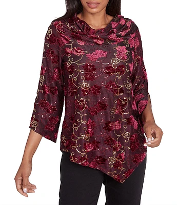 Ruby Rd. Knit Floral Velvet Cowl Neck 3/4 Split Sleeve Asymmetrical Hem Top