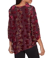 Ruby Rd. Knit Floral Velvet Cowl Neck 3/4 Split Sleeve Asymmetrical Hem Top