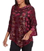 Ruby Rd. Knit Floral Velvet Cowl Neck 3/4 Split Sleeve Asymmetrical Hem Top