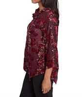 Ruby Rd. Knit Floral Velvet Cowl Neck 3/4 Split Sleeve Asymmetrical Hem Top