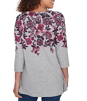 Ruby Rd. Knit Floral Vine Split V-Neck 3/4 Sleeve Top