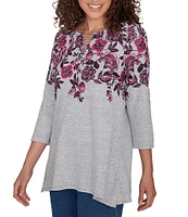 Ruby Rd. Knit Floral Vine Split V-Neck 3/4 Sleeve Top