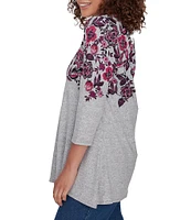 Ruby Rd. Knit Floral Vine Split V-Neck 3/4 Sleeve Top