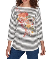 Ruby Rd. Knit Happy Harvest Stripe Print Boat Neck 3/4 Sleeve Top