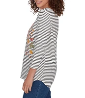 Ruby Rd. Knit Happy Harvest Stripe Print Boat Neck 3/4 Sleeve Top