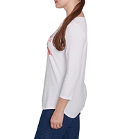 Ruby Rd. Hello Spring Floral Print Crew Neck 3/4 Sleeve Knit Top
