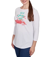 Ruby Rd. Hello Spring Floral Print Crew Neck 3/4 Sleeve Knit Top