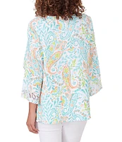 Ruby Rd. Knit Ikat Paisley Crew Neck 3/4 Sleeve Embroidered Top