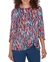 Ruby Rd. Knit Ikat Print Crew Neck 3/4 Sleeve Twist Front Hem Dew Drop Accent Detail Top