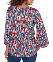 Ruby Rd. Knit Ikat Print Crew Neck 3/4 Sleeve Twist Front Hem Dew Drop Accent Detail Top