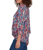 Ruby Rd. Knit Ikat Print Crew Neck 3/4 Sleeve Twist Front Hem Dew Drop Accent Detail Top