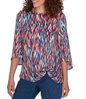 Ruby Rd. Knit Ikat Print Crew Neck 3/4 Sleeve Twist Front Hem Dew Drop Accent Detail Top