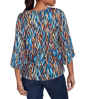 Ruby Rd. Knit Ikat Print Crew Neck Gathered Front Hem 3/4 Sleeve Top