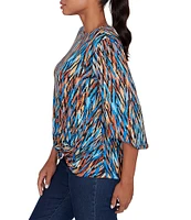 Ruby Rd. Knit Ikat Print Crew Neck Gathered Front Hem 3/4 Sleeve Top