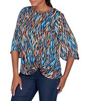 Ruby Rd. Knit Ikat Print Crew Neck Gathered Front Hem 3/4 Sleeve Top