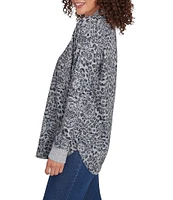 Ruby Rd. Knit Leopard Contrast Trim V-Neck Long Sleeve Top