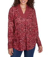 Ruby Rd. Knit Leopard Contrast Trim V-Neck Long Sleeve Top