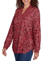 Ruby Rd. Knit Leopard Contrast Trim V-Neck Long Sleeve Top