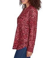 Ruby Rd. Knit Leopard Contrast Trim V-Neck Long Sleeve Top