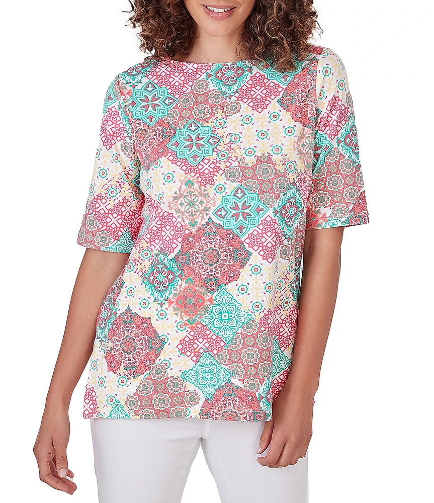 Ruby Rd. Knit Medallion Print Boat Neck 3/4 Sleeve Top