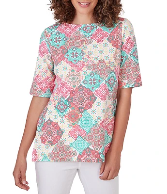 Ruby Rd. Knit Medallion Print Boat Neck 3/4 Sleeve Top