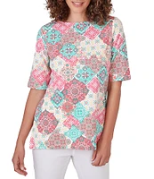 Ruby Rd. Knit Medallion Print Boat Neck 3/4 Sleeve Top