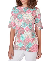 Ruby Rd. Knit Medallion Print Boat Neck 3/4 Sleeve Top