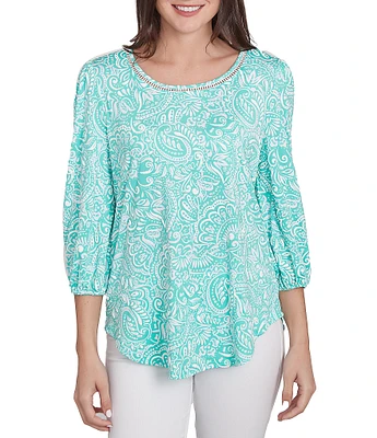 Ruby Rd. Knit Mixed Pattern Print Ladder Stitch Scoop Neck 3/4 Sleeve Top