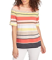 Ruby Rd. Knit Multi Stripe Boat Neck Short Roll-Tab Sleeve Top