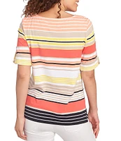 Ruby Rd. Knit Multi Stripe Boat Neck Short Roll-Tab Sleeve Top