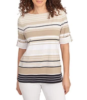 Ruby Rd. Knit Multi Stripe Boat Neck Short Roll-Tab Sleeve Top
