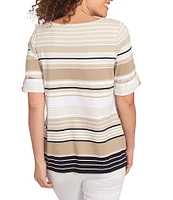 Ruby Rd. Knit Multi Stripe Boat Neck Short Roll-Tab Sleeve Top