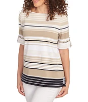 Ruby Rd. Knit Multi Stripe Boat Neck Short Roll-Tab Sleeve Top