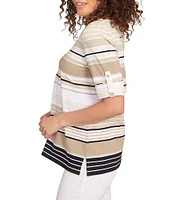 Ruby Rd. Knit Multi Stripe Boat Neck Short Roll-Tab Sleeve Top