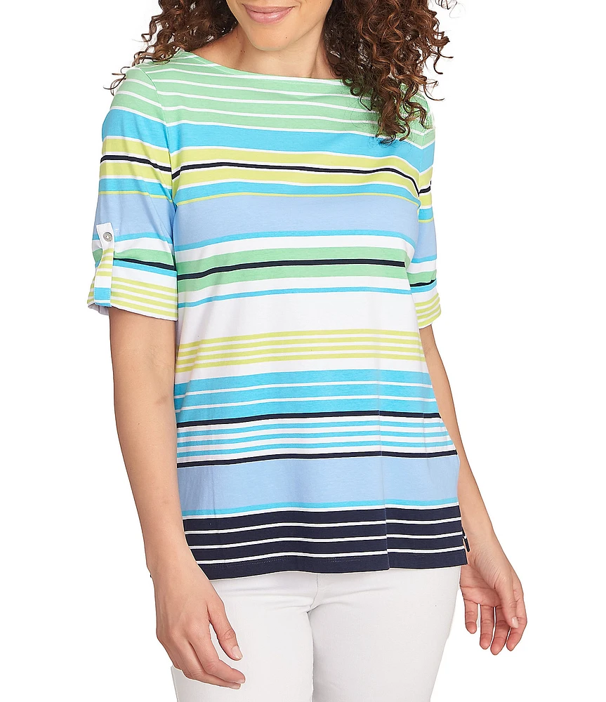 Ruby Rd. Knit Multi Stripe Boat Neck Short Roll-Tab Sleeve Top