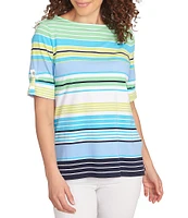 Ruby Rd. Knit Multi Stripe Boat Neck Short Roll-Tab Sleeve Top
