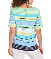Ruby Rd. Knit Multi Stripe Boat Neck Short Roll-Tab Sleeve Top