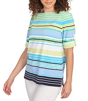 Ruby Rd. Knit Multi Stripe Boat Neck Short Roll-Tab Sleeve Top