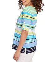 Ruby Rd. Knit Multi Stripe Boat Neck Short Roll-Tab Sleeve Top