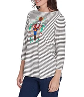 Ruby Rd. Knit Nutcracker Stripe Boat Neck 3/4 Sleeve Top