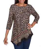 Ruby Rd. Knit Leopard Paisley Border Print Ballet Neck 3/4 Sleeve Top